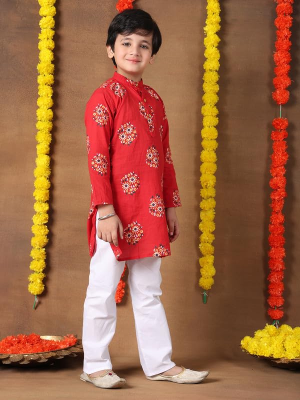 superminis Boys Cotton Kurta Pyjama Set | Gold Foil Printed Ethnic Wear for Kids | Baby Boy Kurta Set with Elastic Pyjama | Festival & Wedding Outfit (Red, 5-6 Years) - Image 4