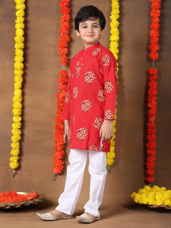 superminis Boys Cotton Kurta Pyjama Set | Gold Foil Printed Ethnic Wear for Kids | Baby Boy Kurta Set with Elastic Pyjama | Festival & Wedding Outfit (Red, 5-6 Years) - Image 3