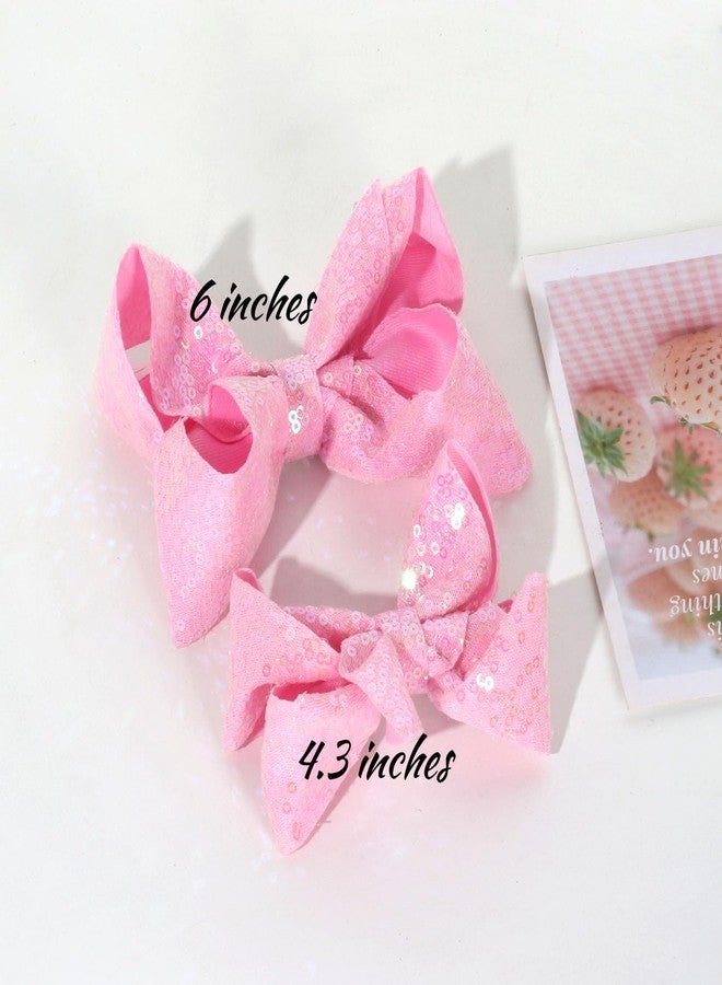 Jeffan Sequin Hair Bows, 4 PCS Sparkly Glitter Bows with Alligator Hair Clip Hair Barrettes for Little Girls Toddlers Kids Teens Party Gift (5.7inch ×2, 4.3inch ×2) (Pink) - Image 4