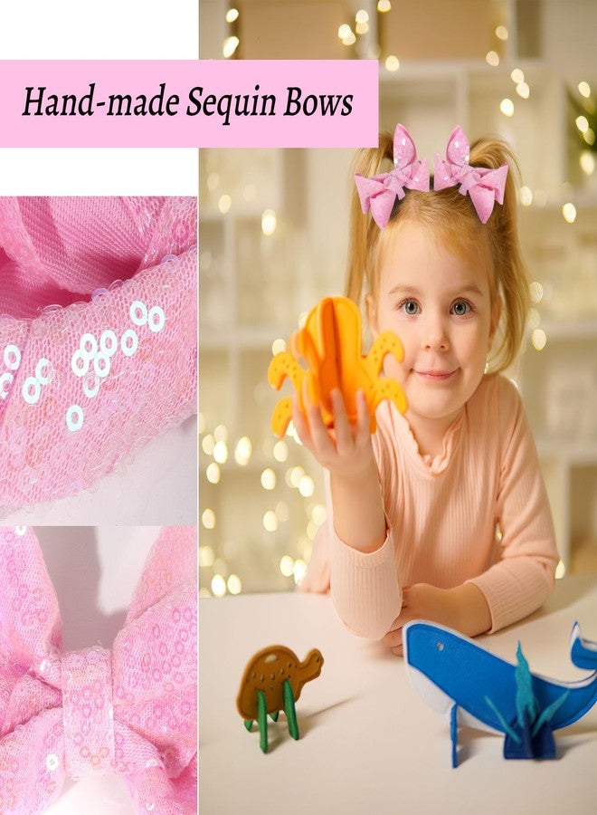 Jeffan Sequin Hair Bows, 4 PCS Sparkly Glitter Bows with Alligator Hair Clip Hair Barrettes for Little Girls Toddlers Kids Teens Party Gift (5.7inch ×2, 4.3inch ×2) (Pink) - Image 3