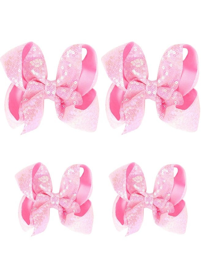 Jeffan Sequin Hair Bows, 4 PCS Sparkly Glitter Bows with Alligator Hair Clip Hair Barrettes for Little Girls Toddlers Kids Teens Party Gift (5.7inch ×2, 4.3inch ×2) (Pink) - Image 1