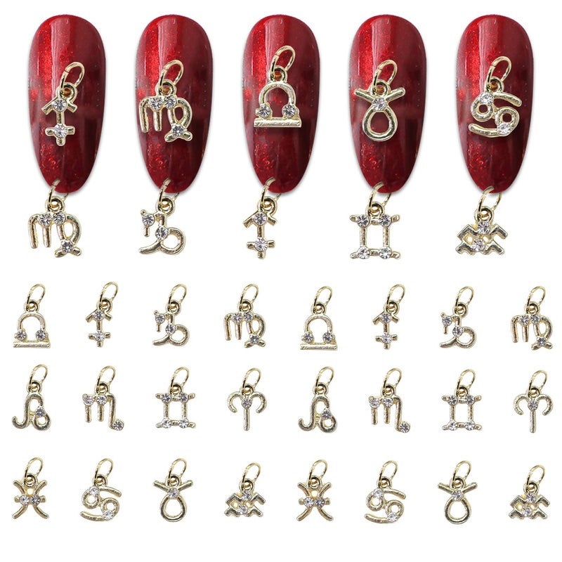 WOKOTO WOKOTO 24pcs Gold Zodiac Dangle Nail Charms For Nail Art 3d Charms For Nails Alloy Nail Gems Rhinestones Gold Nail Charms Nail Jewelry For Acrylic Nails Zodiac Charms Nail Piercing Charms For Women