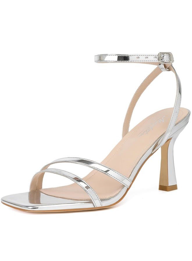 Mostrin Strappy Heels for Women Lace Up Ankle Strap Square Open Toe Heels Stiletto High Heeled Sandals for Party, Prom, Daily, Wedding, Silver, 8 - Image 1