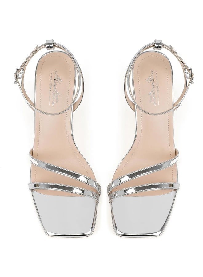 Mostrin Strappy Heels for Women Lace Up Ankle Strap Square Open Toe Heels Stiletto High Heeled Sandals for Party, Prom, Daily, Wedding, Silver, 8 - Image 3