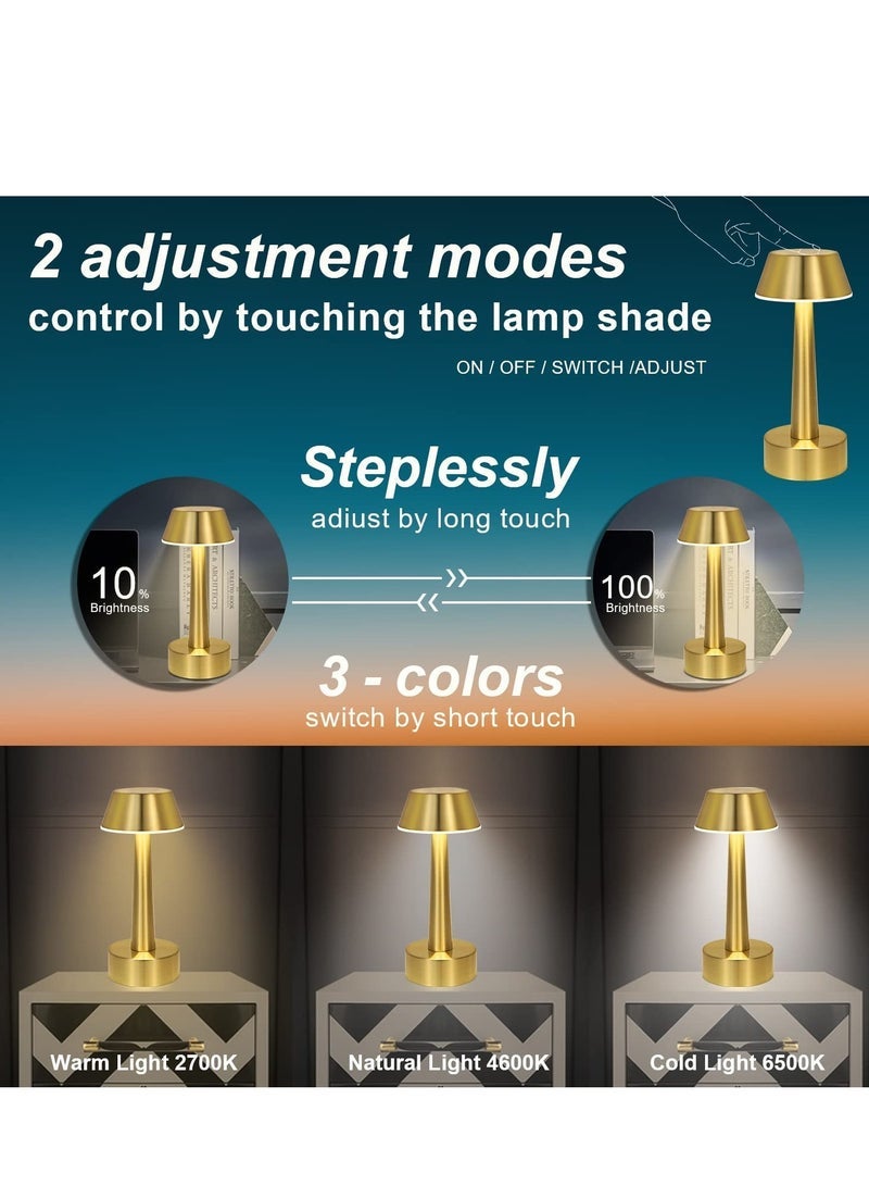 Rechargeable Cordless Table Lamp, Portable Battery Operated Lamp, Touch Sensor Dimmable Metal Industrial Gold Bedside Night Light Lamps for Bedroom Living Dining Room Restaurant Bar Hotel - Image 3