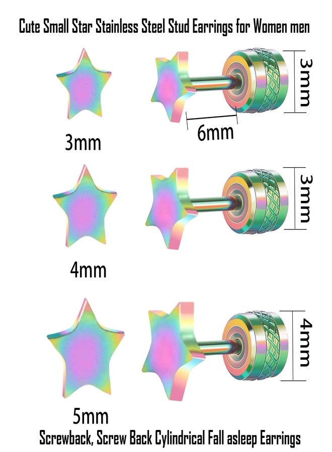 Hopply Screw on Earring Backs for Women,Hypoallergenic Surgical Steel Stud Earrings Ball Star Circle Simple Geometric Cartilage Helix Flat Back Piercing Earrings (3Pairs,Screw Rainbow, Star(3-5mm)) - Image 2