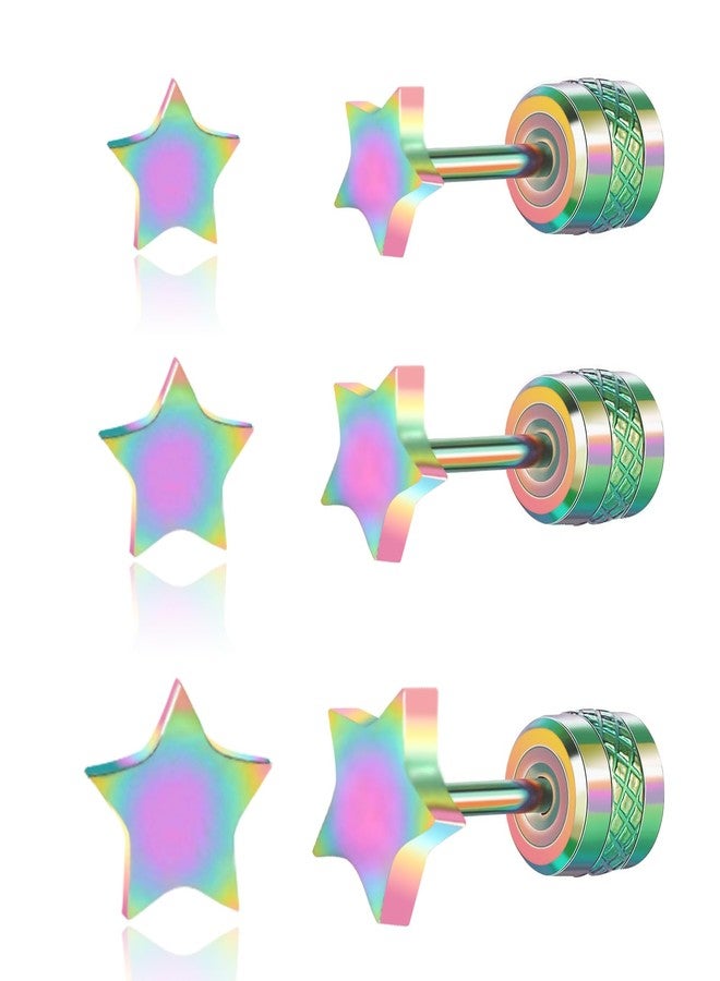 Hopply Screw on Earring Backs for Women,Hypoallergenic Surgical Steel Stud Earrings Ball Star Circle Simple Geometric Cartilage Helix Flat Back Piercing Earrings (3Pairs,Screw Rainbow, Star(3-5mm)) - Image 1