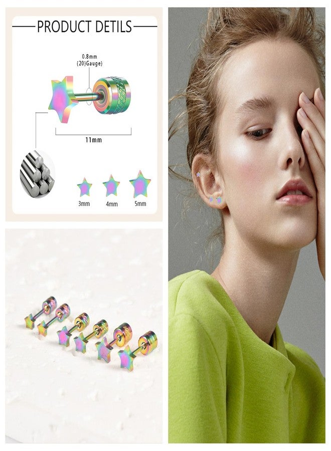 Hopply Screw on Earring Backs for Women,Hypoallergenic Surgical Steel Stud Earrings Ball Star Circle Simple Geometric Cartilage Helix Flat Back Piercing Earrings (3Pairs,Screw Rainbow, Star(3-5mm)) - Image 5