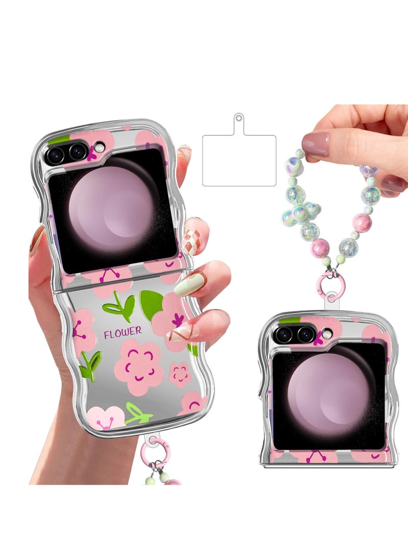 SYOSI Designed for Galaxy Z Flip 5 Case, Curly Wave Frame Cute Flower Cover Shockproof Protective Phone Case, with Strap and Phone Card Gasket, for Samsung Galaxy Z Flip 5 5g 2023 (Green & Pink) - Image 1