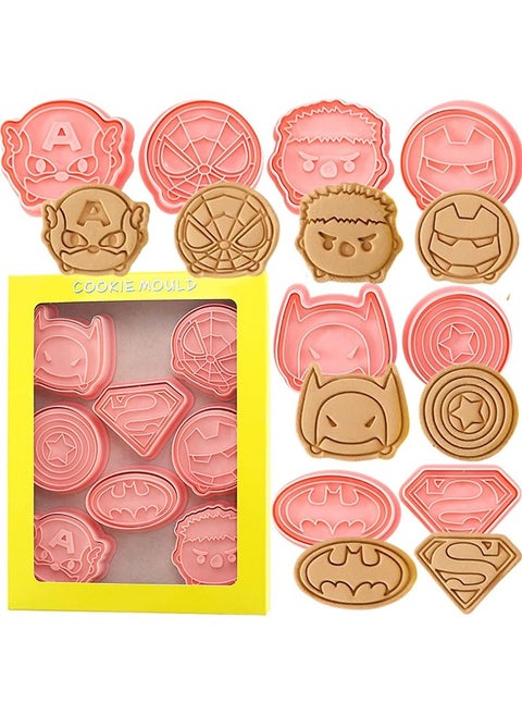8Pcs Surper Hero Cookie Cutter with Plunger Stampers Set, 3D Cartoon Hero Embossing Cutters For Biscuit Fondant Cheese Baking, Children's Baking Set.