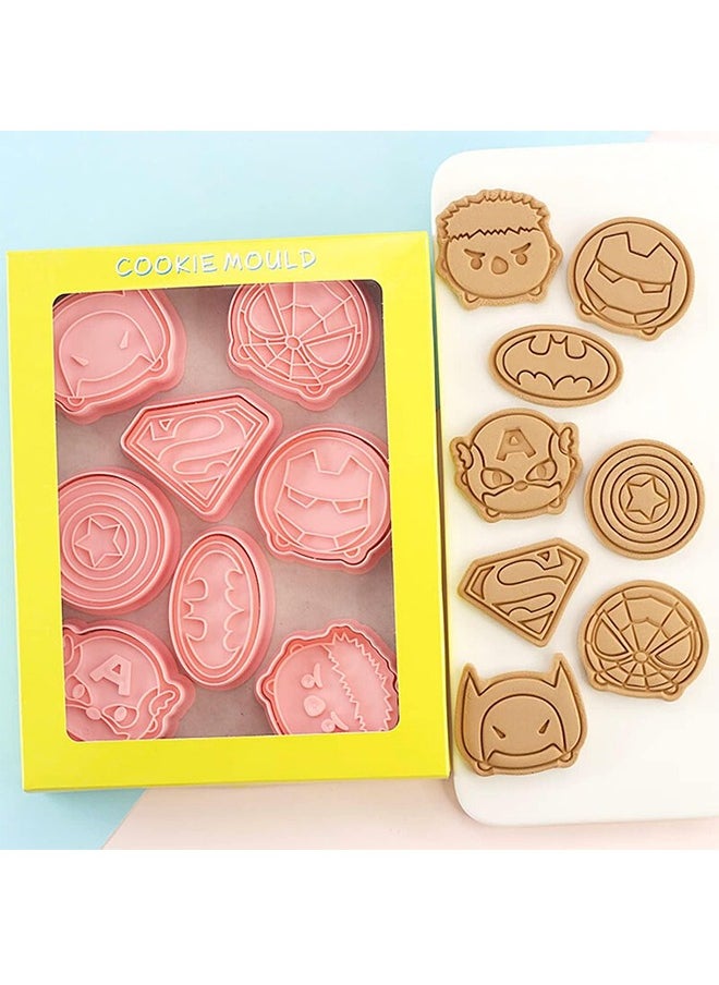 8Pcs Surper Hero Cookie Cutter with Plunger Stampers Set, 3D Cartoon Hero Embossing Cutters For Biscuit Fondant Cheese Baking, Children's Baking Set.