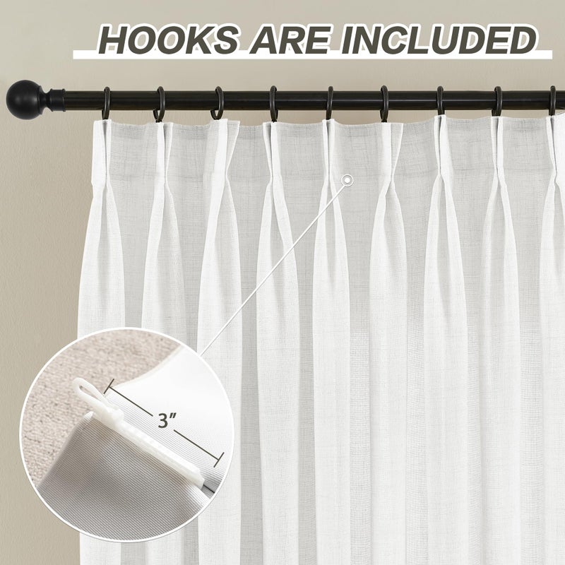 MASWOND Extra Wide Pinch Pleated Semi Sheer Curtains 84W x 108L Inches  Extra Long Light Filtering Pleat Drapes for Patio Door  Living Room  Privacy Pleated Curtain with Hooks (1 Panel  White) - Image 2
