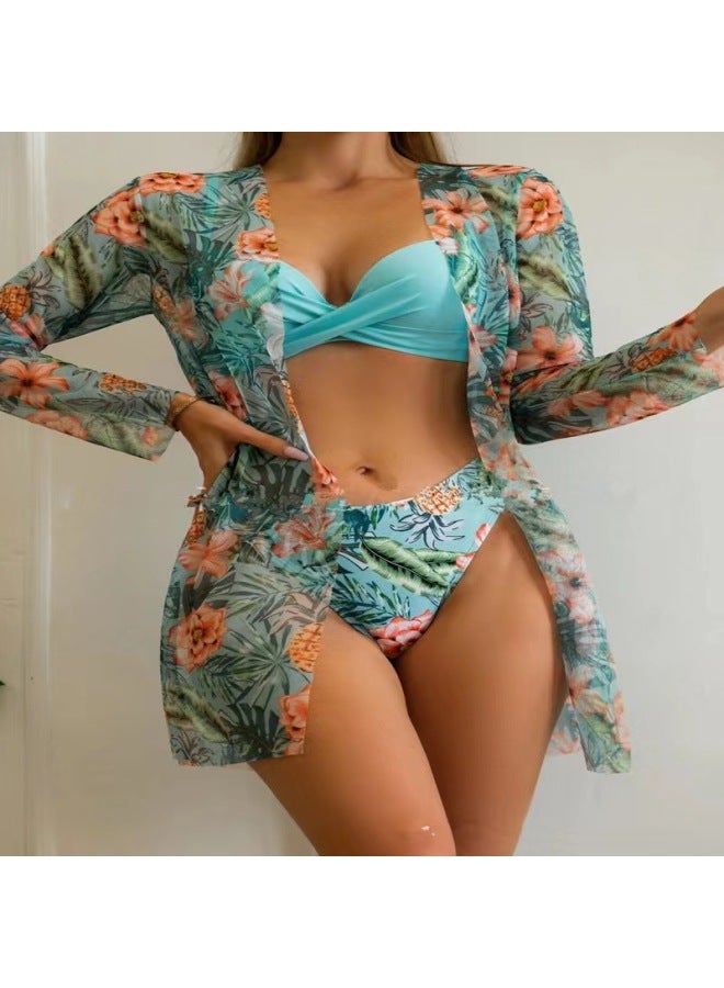 Tropical Hawaiian Style Swimsuit New Style Bikini Three-piece Set European And American High-style Gathering Backless High-waist Women