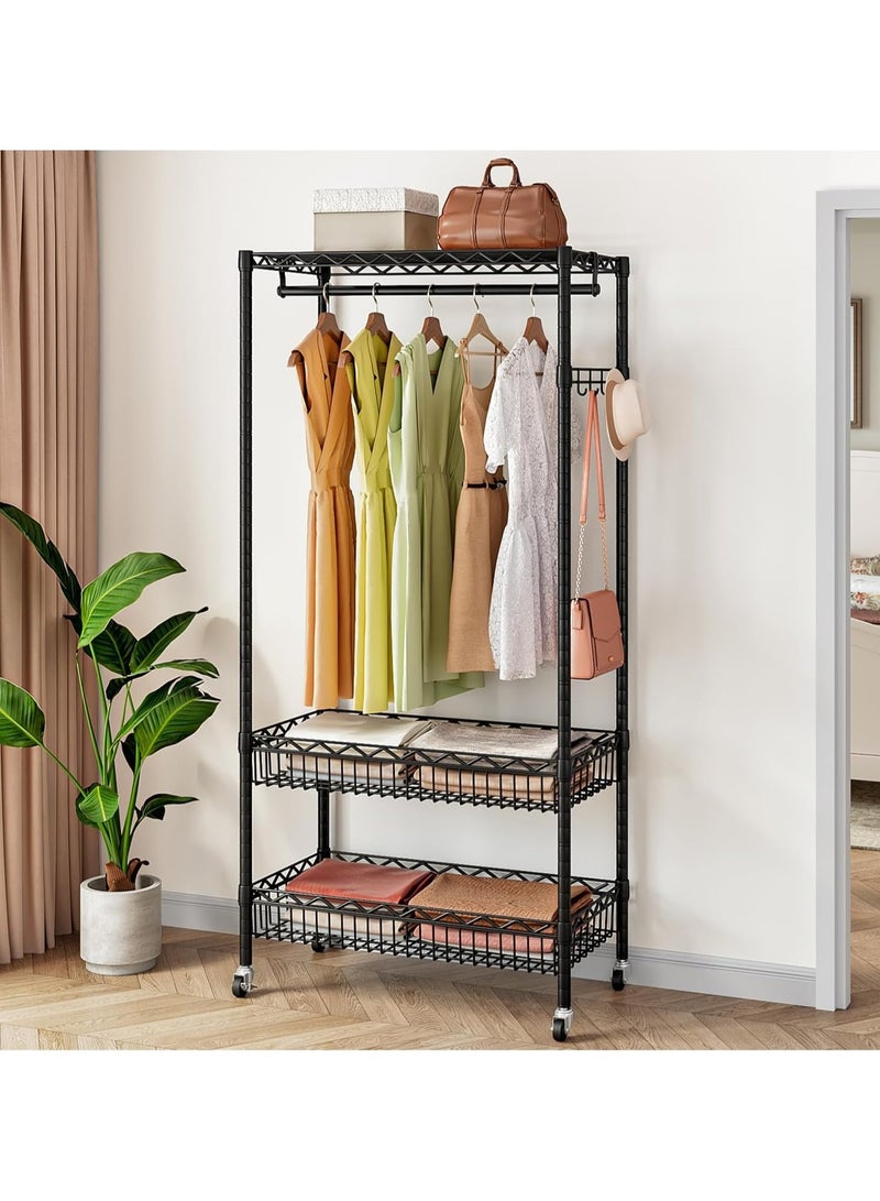 Wire Garment Rack, Rolling Clothes Rack for Hanging Clothes, Freestanding Portable Closet Rack with Hanging Rod Metal Basket Heavy Duty Clothing Racks Storage Shelves on Wheels (Black)