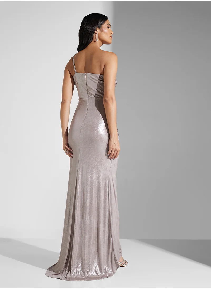 نمشي x One Shoulder Ruched Metallic Dress