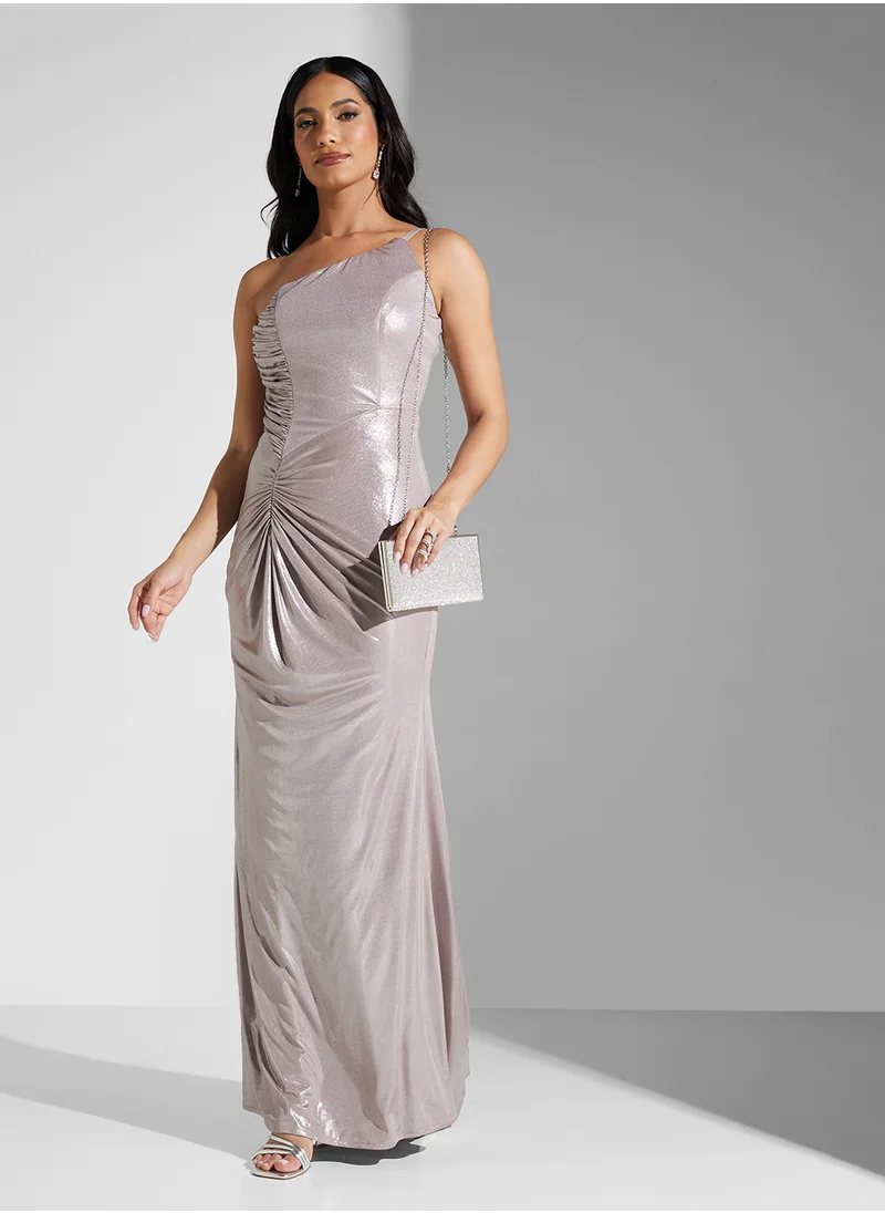 نمشي x One Shoulder Ruched Metallic Dress