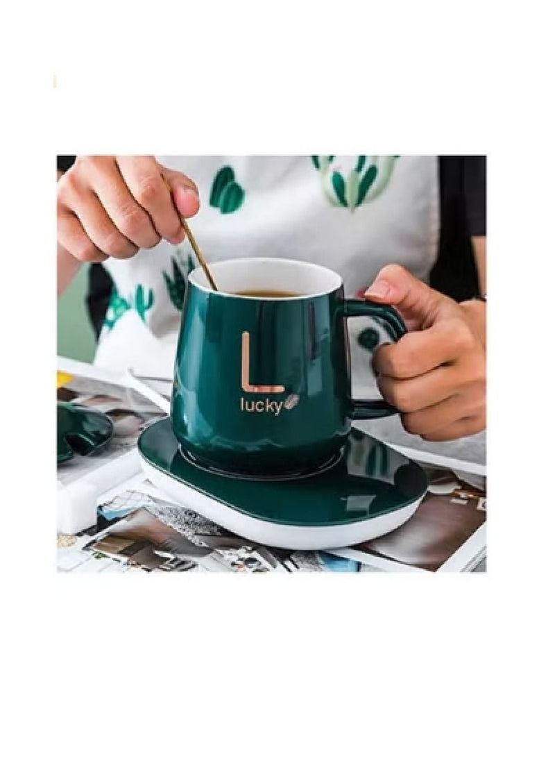 Lucky Ceramic Cup with Heating Pad 55°C Temperature Low Power Saving Heat with spoon Ceramic Coffee Mug  (300 ml)  - Image 1