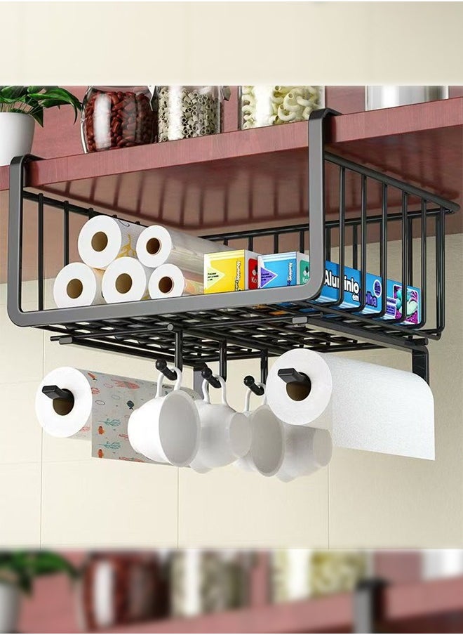 Haidue - 1Pcs Hanging Kitchen Under Shelf Storage Organizer Basket For Cabinet Add-on Space Rack Slide-In Wire Baskets For Laundry Pantry Desk Bookshelf Black - Image 1