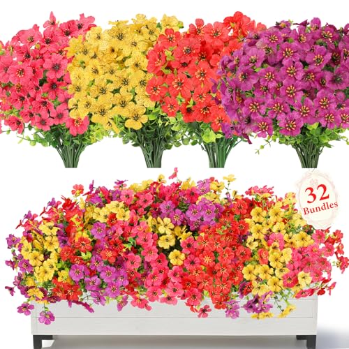 SAEUYVB 32 Bundles Artificial Flowers for Outdoors,Fake Flowers with Violets & Eucalyptus Leaves in 4 Vibrant Colors,UV Resistant Artificial Outdoor Flowers for Garden Porch Patio Decor - Image 1