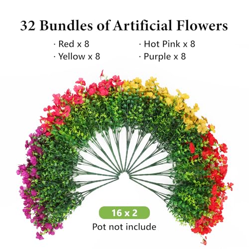 SAEUYVB 32 Bundles Artificial Flowers for Outdoors,Fake Flowers with Violets & Eucalyptus Leaves in 4 Vibrant Colors,UV Resistant Artificial Outdoor Flowers for Garden Porch Patio Decor - Image 3