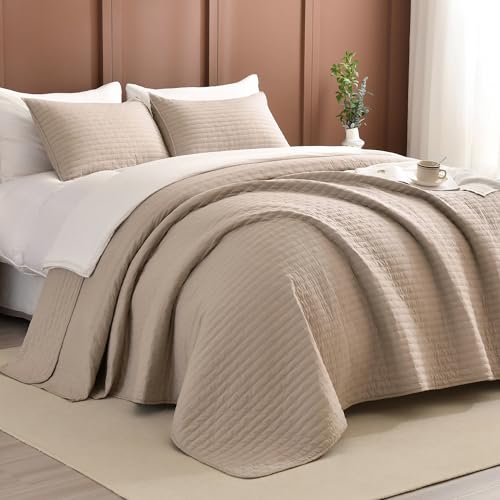 Masaca Oversized King Bedspread 128x120,Linen Colored Lightweight Quilt Set 3Pcs Soft Microfiber Extra Large King Farmhouse Quilt Coverlet Bedding Set - Image 1