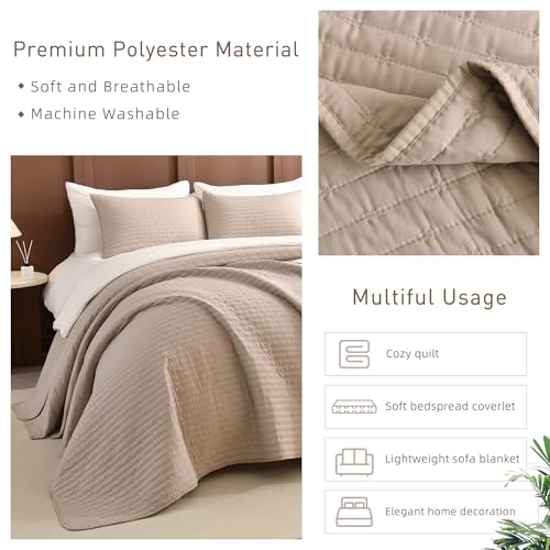 Masaca Oversized King Bedspread 128x120,Linen Colored Lightweight Quilt Set 3Pcs Soft Microfiber Extra Large King Farmhouse Quilt Coverlet Bedding Set - Image 2