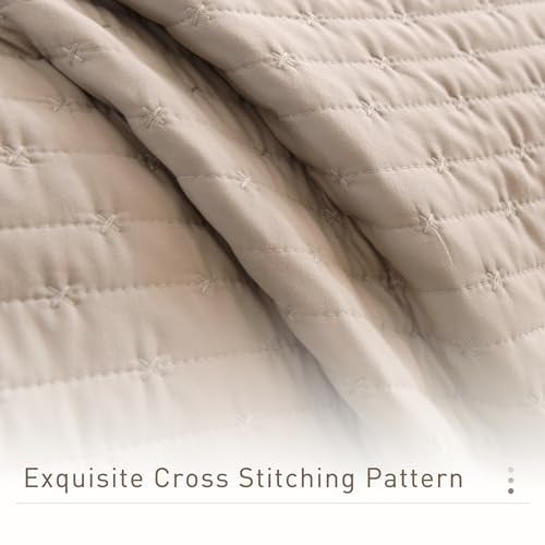 Masaca Oversized King Bedspread 128x120,Linen Colored Lightweight Quilt Set 3Pcs Soft Microfiber Extra Large King Farmhouse Quilt Coverlet Bedding Set - Image 3