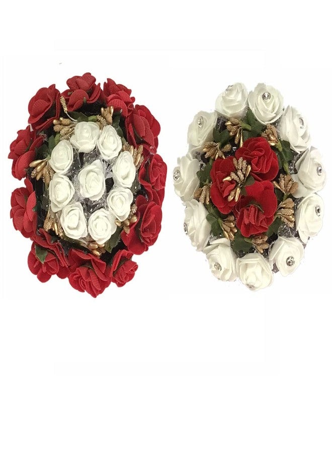 AROOMAN إكسسوارات شعر أرومان™ من الزهور الاصطناعية للعرائس، جودا غاجرا/كعكة شعر للنساء والفتيات، عبوة من قطعتين باللونين الأحمر والأبيض - Image 2