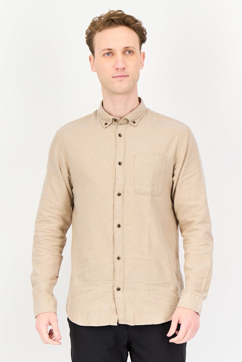 JACK & JONES Men Essentials Regular Fit Plain Long Sleeves Casual Shirt, Oatmeal - Image 1