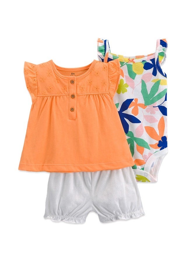 RedMapleTEK Girls Baby Short-Sleeved Shorts Jumpsuit 3-Piece Set - Image 1