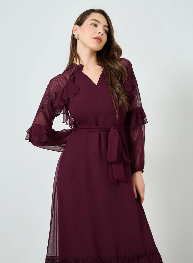 Styli Maroon Embroidered Maxi Dress with Ruffle Detail