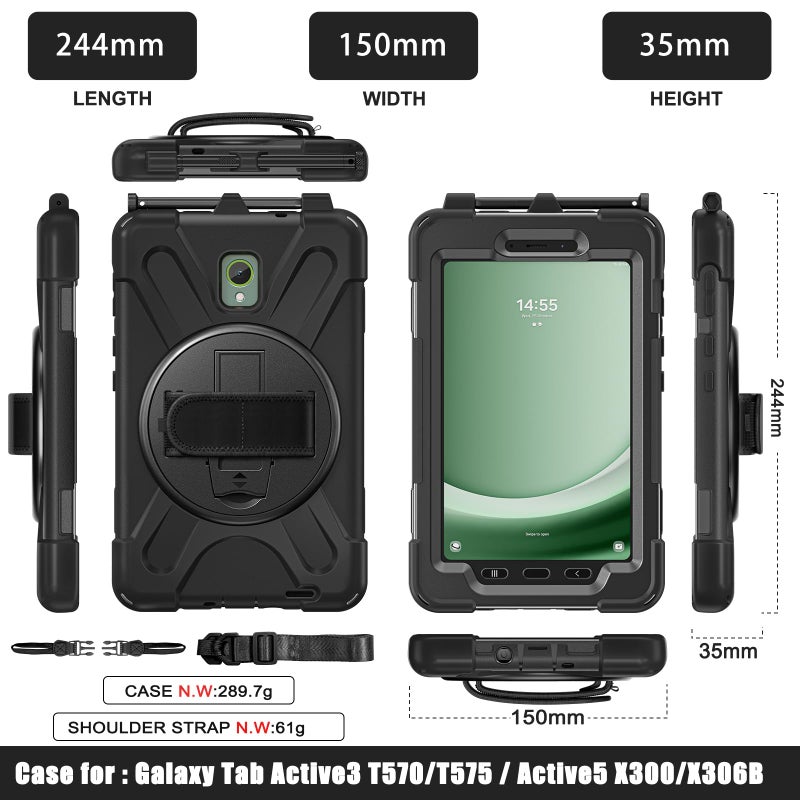 Rantice Samsung Galaxy Tab Active5/Active 3 8.0 Case, with 360 Stand, Handle Hand Strap & Shoulder Strap for Galaxy Tab Active5 8" 2024 X300/X307, Active3 8" 2020 T570/T575/T577 (Black) - Image 3