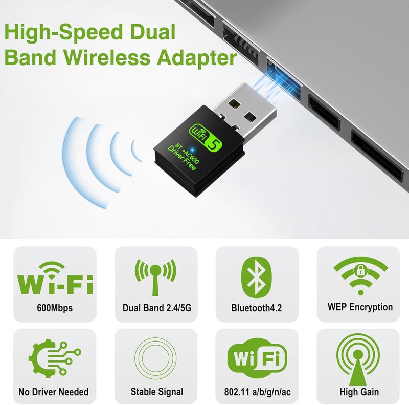 محول USB WiFi بلوتوث، 600 ميجابت في الثانية مزدوج النطاق 2.4/5 جيجاهرتز مستقبل شبكة لاسلكية خارجي، دونجل WiFi صغير للكمبيوتر الشخصي/الكمبيوتر المحمول/سطح المكتب - Image 2