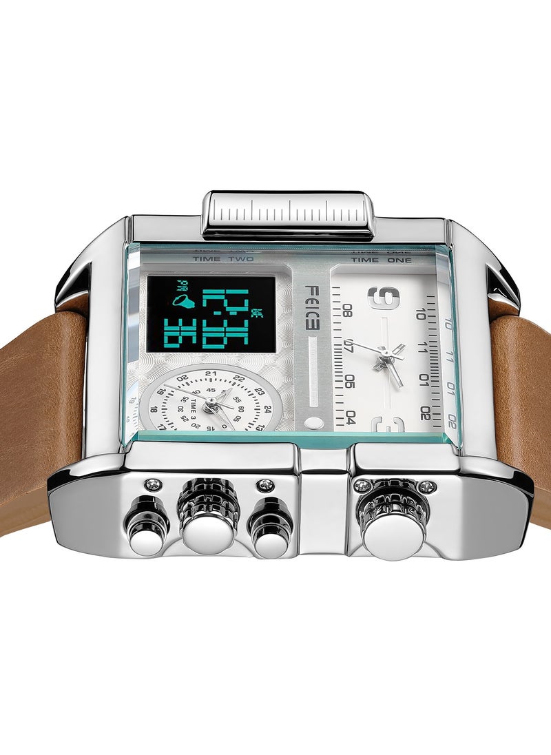 Men’s Quartz Watch – Square Dial, Analog & LED Display, Chronograph, 24H Calendar, Leather Strap