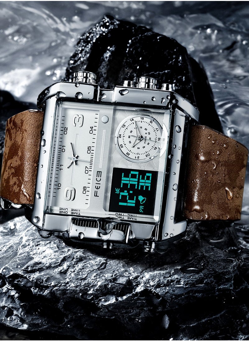 Men’s Quartz Watch – Square Dial, Analog & LED Display, Chronograph, 24H Calendar, Leather Strap