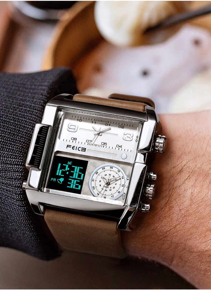 Men’s Quartz Watch – Square Dial, Analog & LED Display, Chronograph, 24H Calendar, Leather Strap