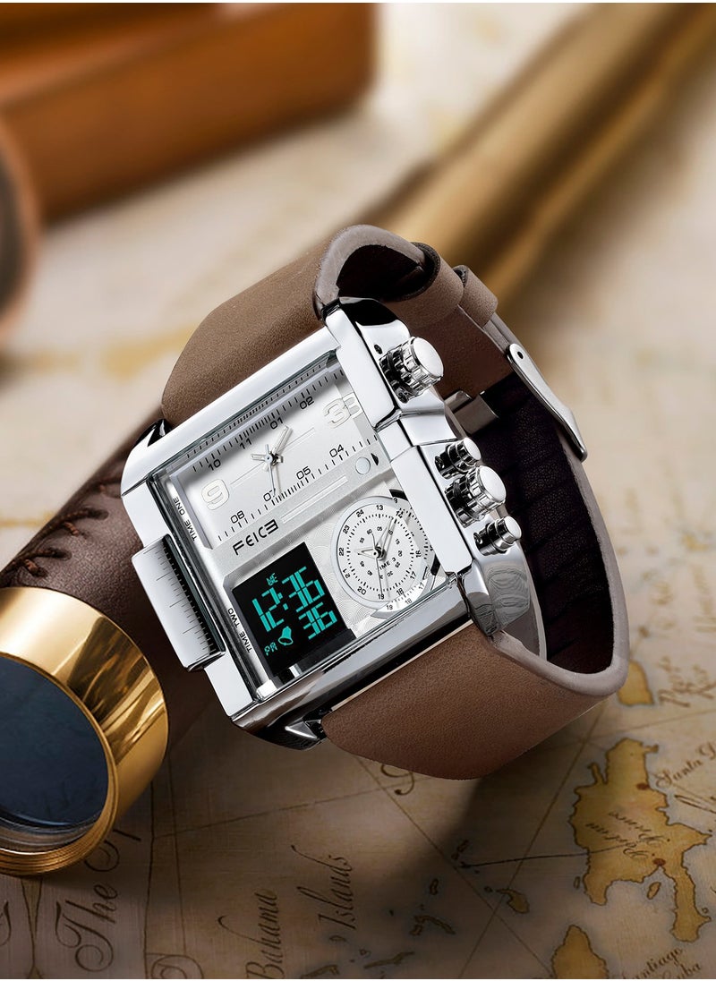 Men’s Quartz Watch – Square Dial, Analog & LED Display, Chronograph, 24H Calendar, Leather Strap