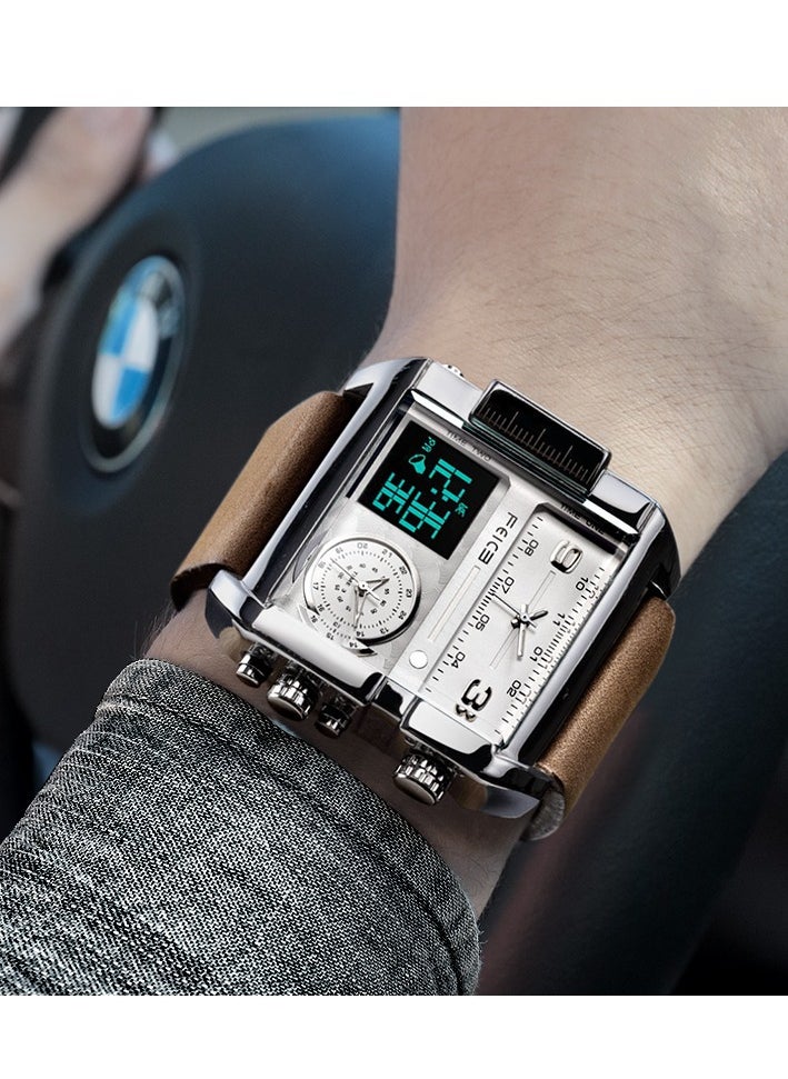 Men’s Quartz Watch – Square Dial, Analog & LED Display, Chronograph, 24H Calendar, Leather Strap