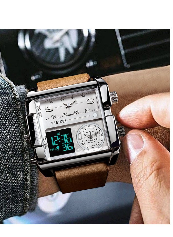 Men’s Quartz Watch – Square Dial, Analog & LED Display, Chronograph, 24H Calendar, Leather Strap