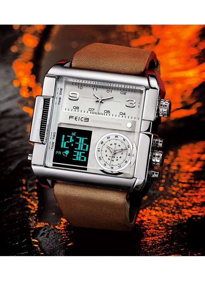 Men’s Quartz Watch – Square Dial, Analog & LED Display, Chronograph, 24H Calendar, Leather Strap