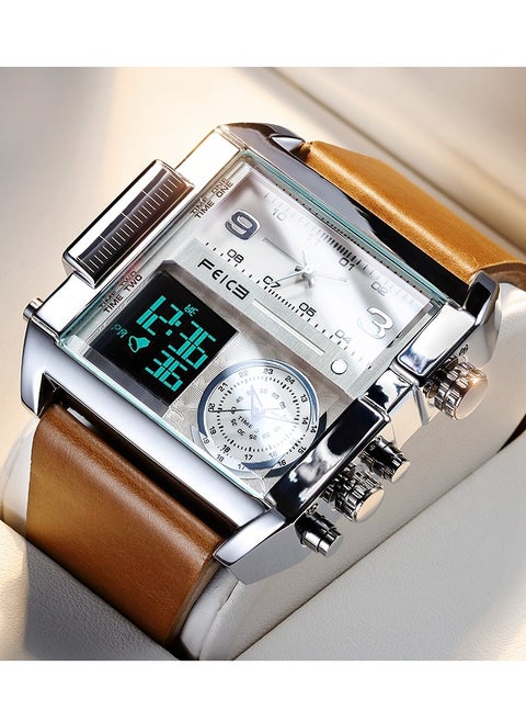 Men’s Quartz Watch – Square Dial, Analog & LED Display, Chronograph, 24H Calendar, Leather Strap