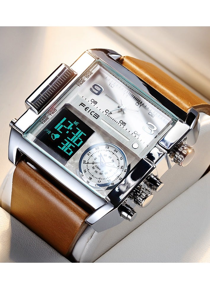 Men’s Quartz Watch – Square Dial, Analog & LED Display, Chronograph, 24H Calendar, Leather Strap