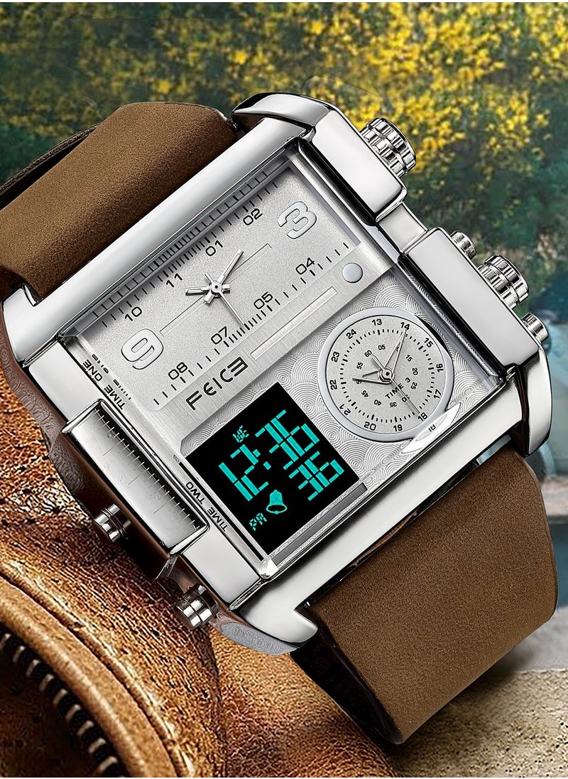 Men’s Dual Display Quartz Watch – Analog & Digital, Dual Time Zones, Leather Strap, Multifunction Sport Watch