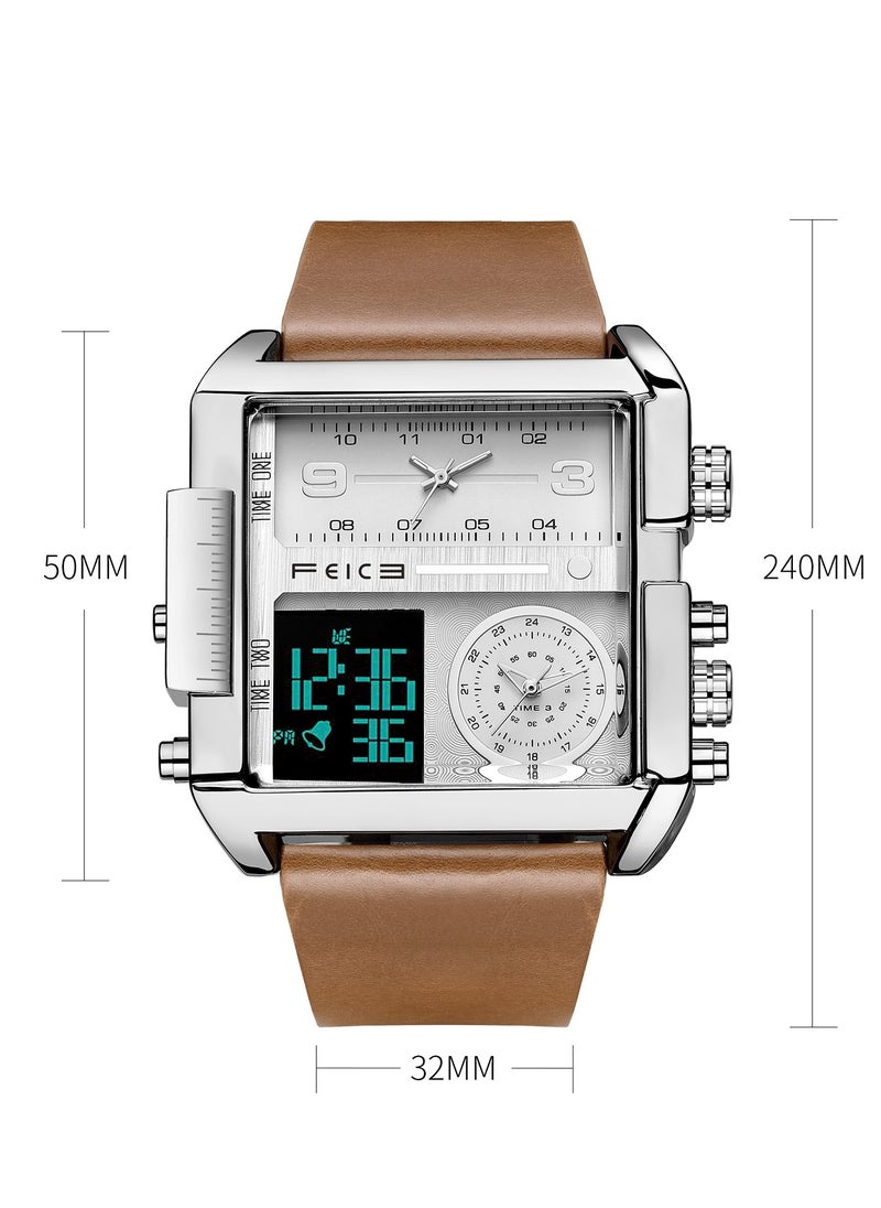 Men’s Dual Display Quartz Watch – Analog & Digital, Dual Time Zones, Leather Strap, Multifunction Sport Watch