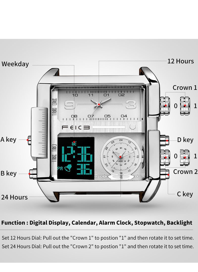 Men’s Dual Display Quartz Watch – Analog & Digital, Dual Time Zones, Leather Strap, Multifunction Sport Watch