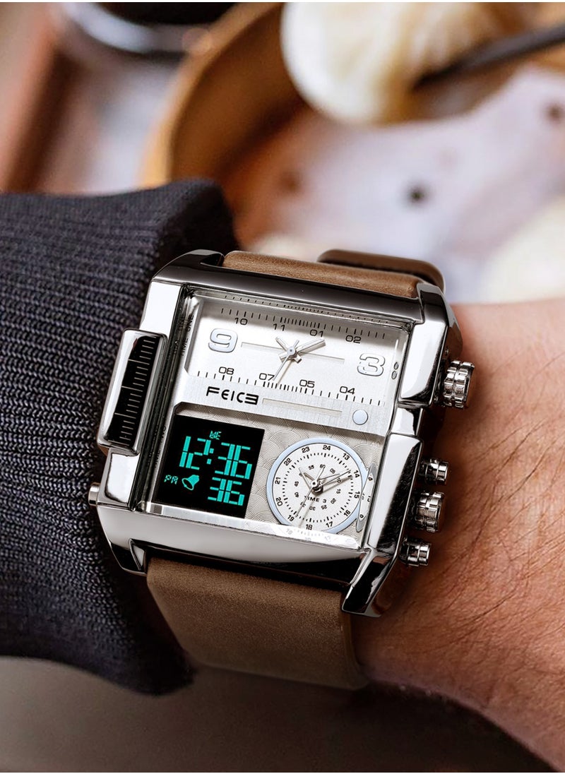 Men’s Dual Display Quartz Watch – Analog & Digital, Dual Time Zones, Leather Strap, Multifunction Sport Watch