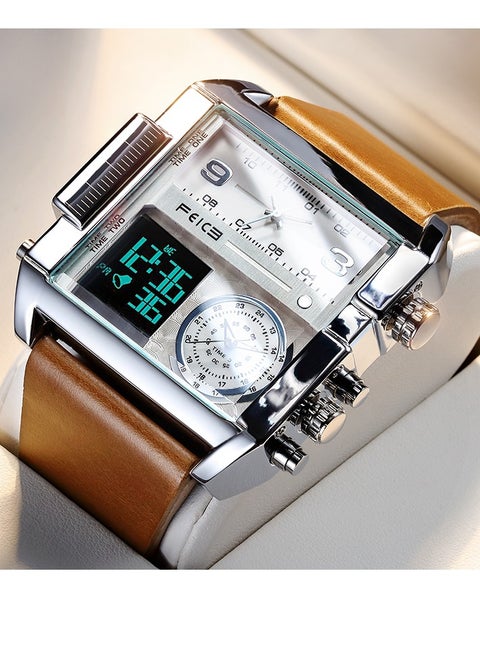 Men’s Dual Display Quartz Watch – Analog & Digital, Dual Time Zones, Leather Strap, Multifunction Sport Watch