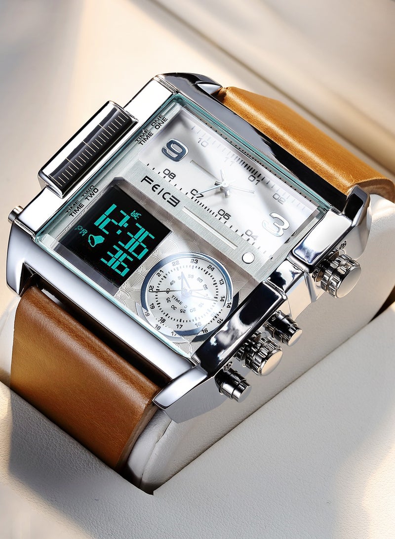 Feice Men’s Dual Display Quartz Watch | Square Dial, Chronograph, Waterproof, Leather Strap - Image 1