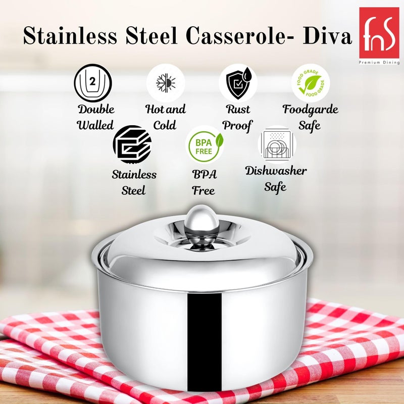 FNS Diva Stainless Steel Double Wall Insulated Designer Casserole with Lid Elegant Hot Pot Food Warmer, Self Locking Press Lid, Hot Food Upto 8 Hours (1500 ml) - Image 2