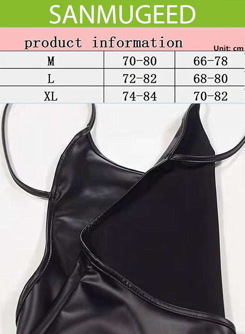 SANMUGEED Tight Party Suspender Mini Dress for Women's Sleeveless Cropped Leather Skirt Black - Image 3